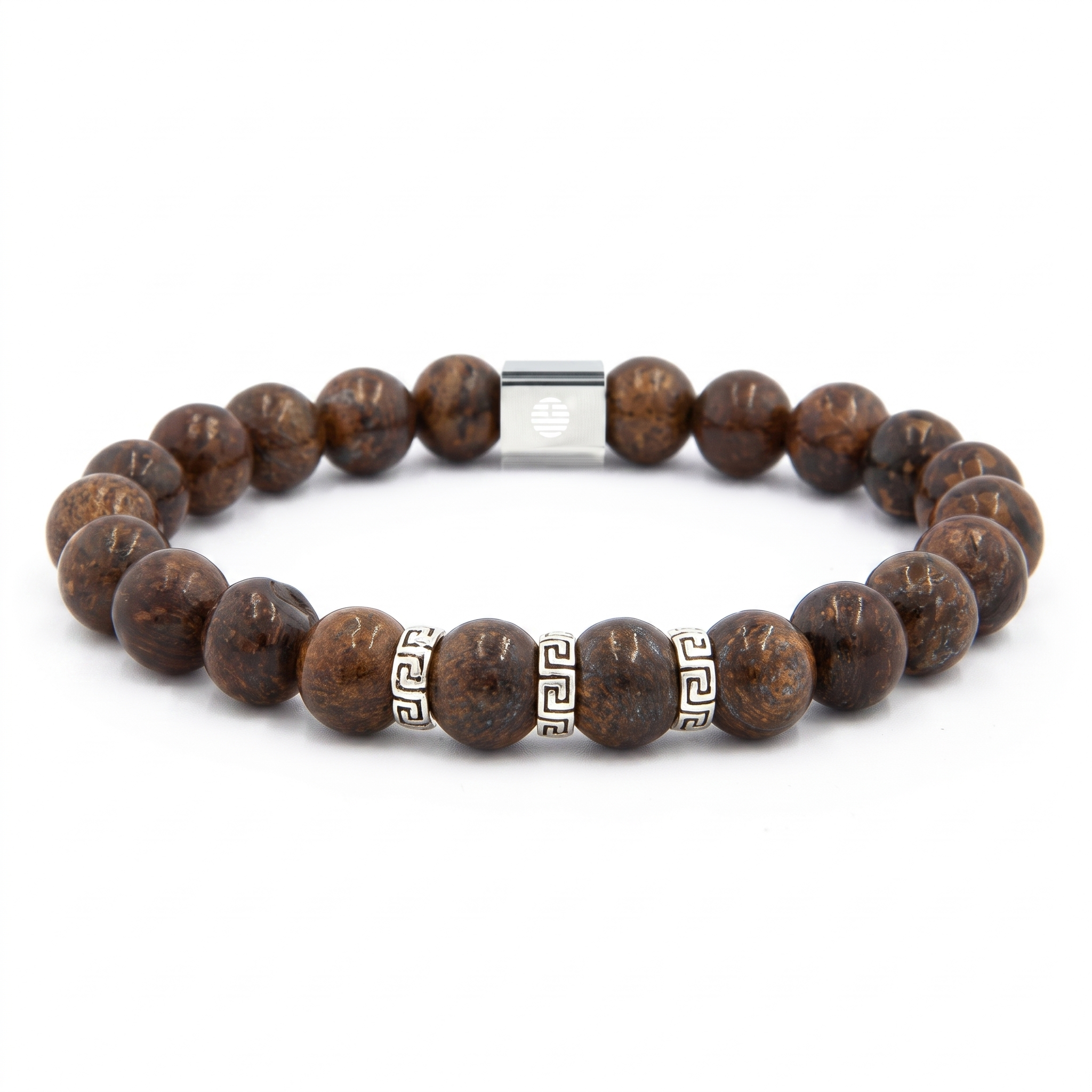A beaded stretch bracelet made of dark brown wooden beads with natural grain, accented by two silver Greek key spacers and a silver magnetic clasp, shown on a plain white background.