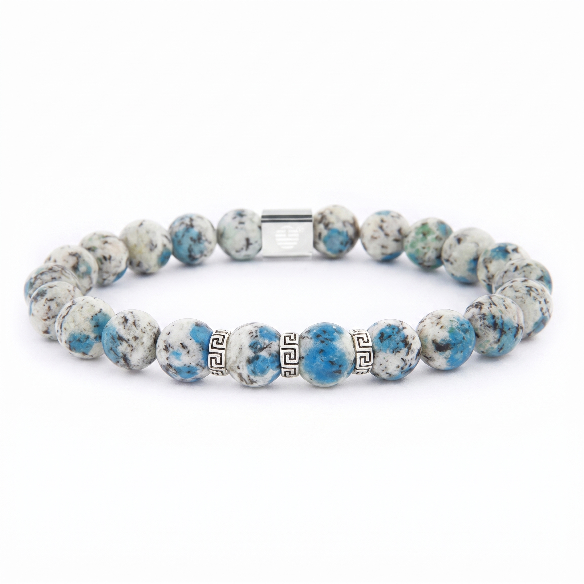 A beaded stretch bracelet made of round blue and white marbled beads with silver-tone metal accents, including Greek key details and a rectangular clasp, shown on a plain white background.