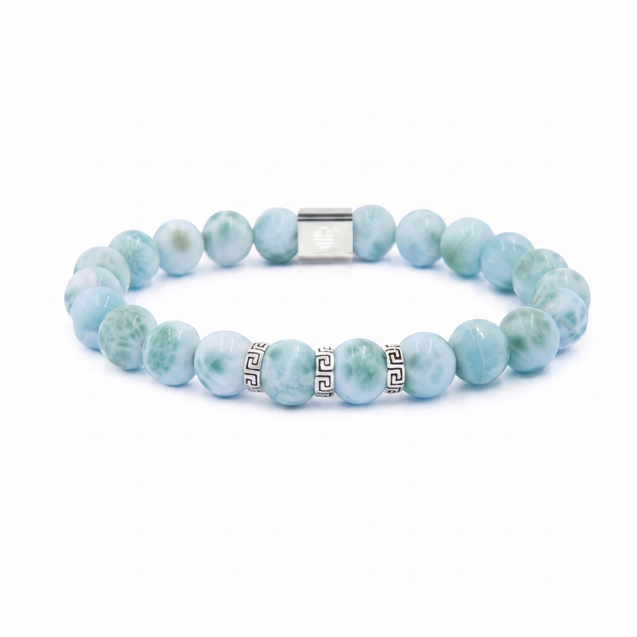 A beaded stretch bracelet made of light blue and green marbled round beads, accented by two silver Greek key beads and a silver magnetic clasp, shown on a white background.