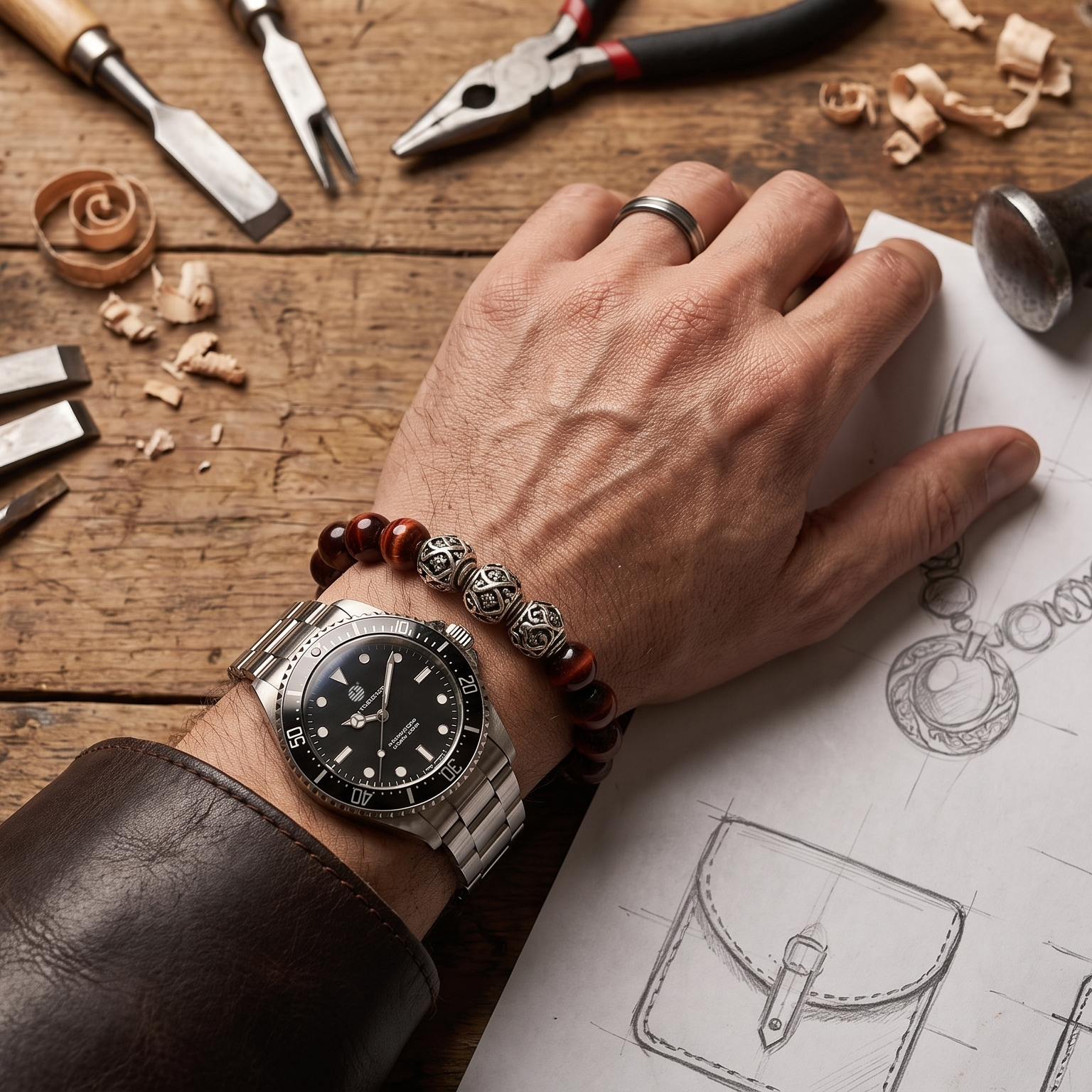 A close-up of a person's hand resting on a sketch of a leather pouch, wearing a silver-tone metal watch with a black dial and a red-and-silver beaded bracelet. The scene is set on a rustic wooden table surrounded by leatherworking tools, including chisels, a hammer, and wood shavings.