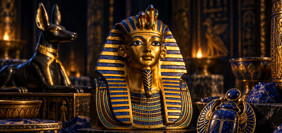 An ornate gold and blue Egyptian pharaoh bust statue displayed on a dark pedestal, surrounded by matching blue and gold artifacts including a scarab beetle figurine, a black Anubis statue, and blue stone blocks in a dramatic interior setting.