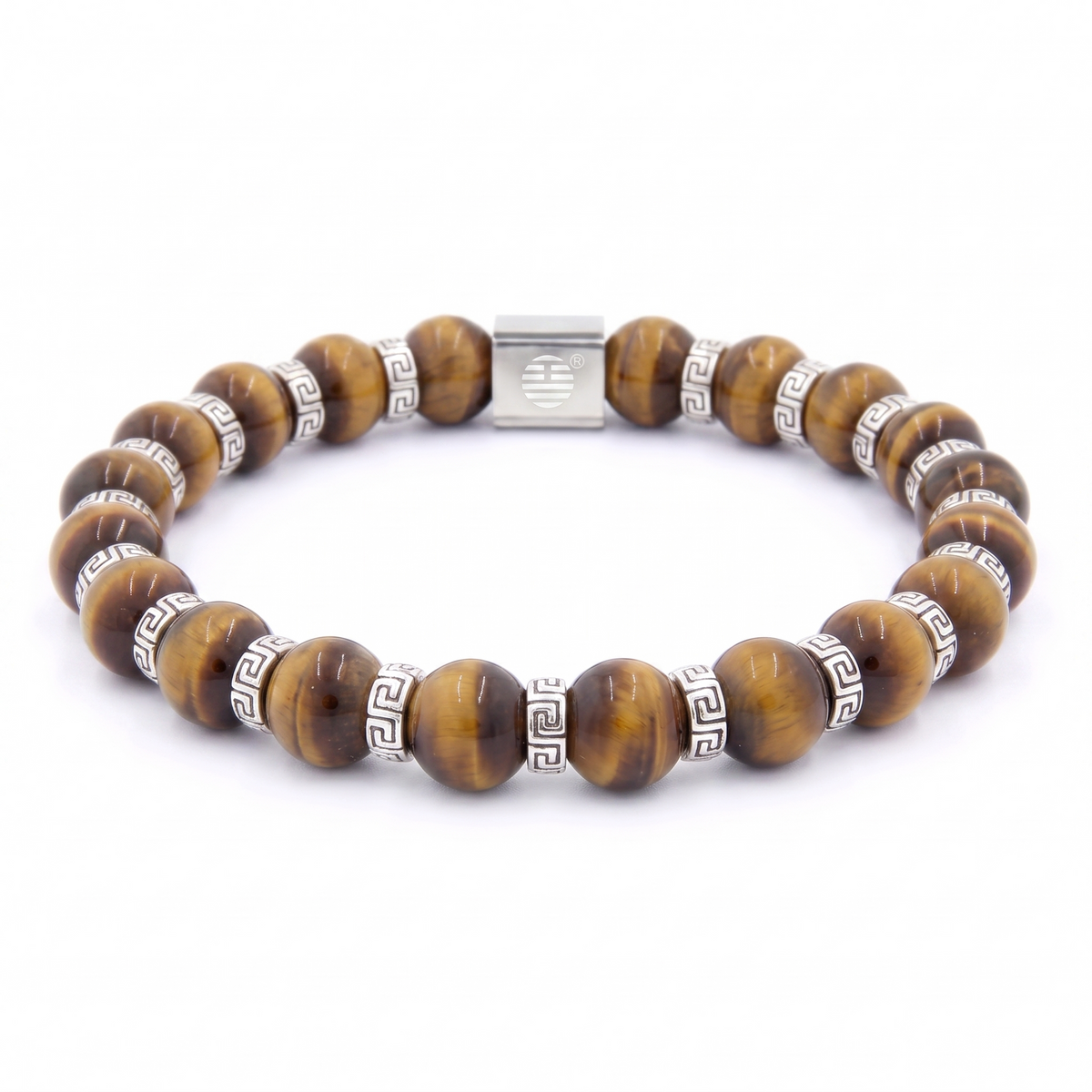 A beaded stretch bracelet made of brown tiger's eye beads and silver-tone spacer rings with Greek key motifs and a central clasp, shown on a plain white background.