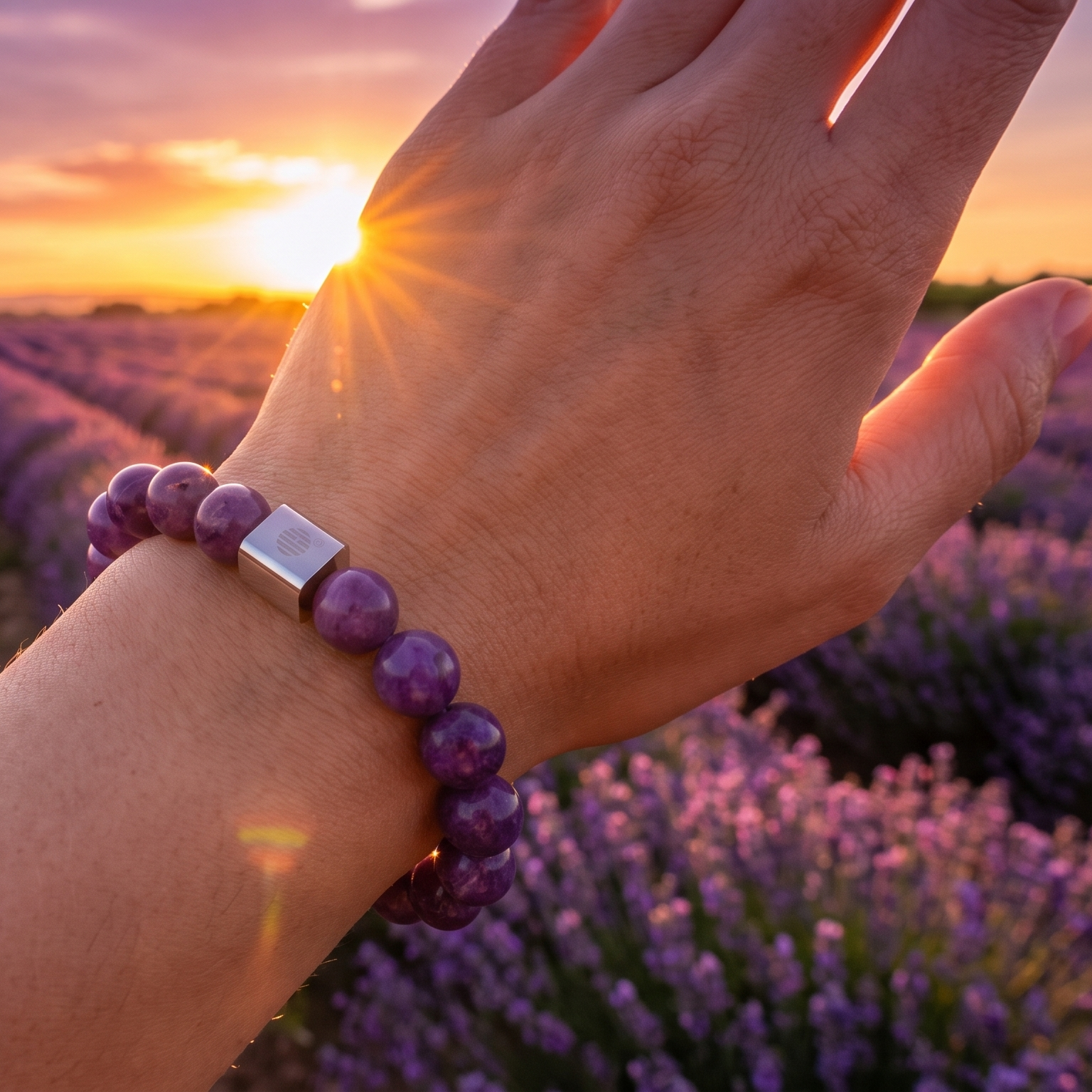 A purple beaded bracelet with a silver rectangular accent bead worn on a person's wrist, set against a blurred lavender field at sunset.