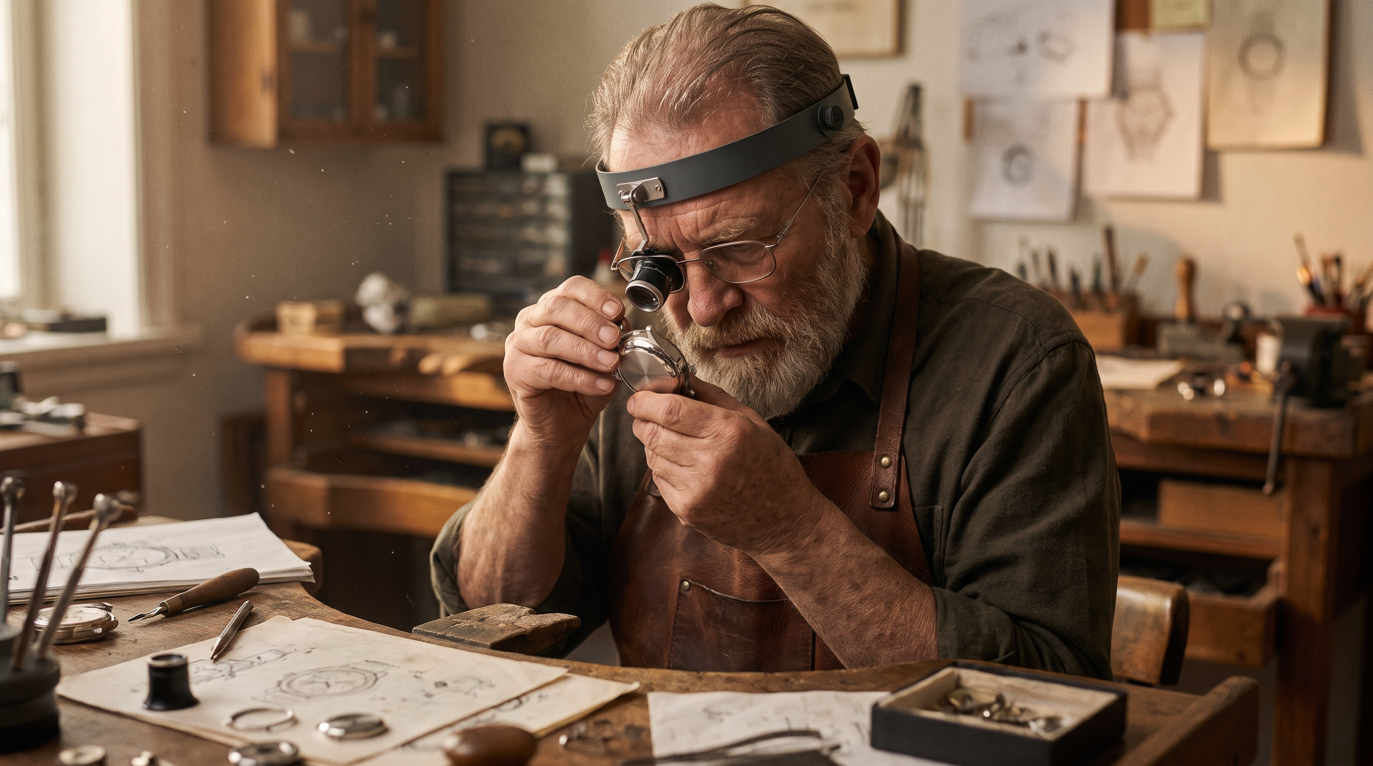A bearded man wearing a headlamp and glasses looks closely at a small object on a workbench in a detailed workshop setting.
