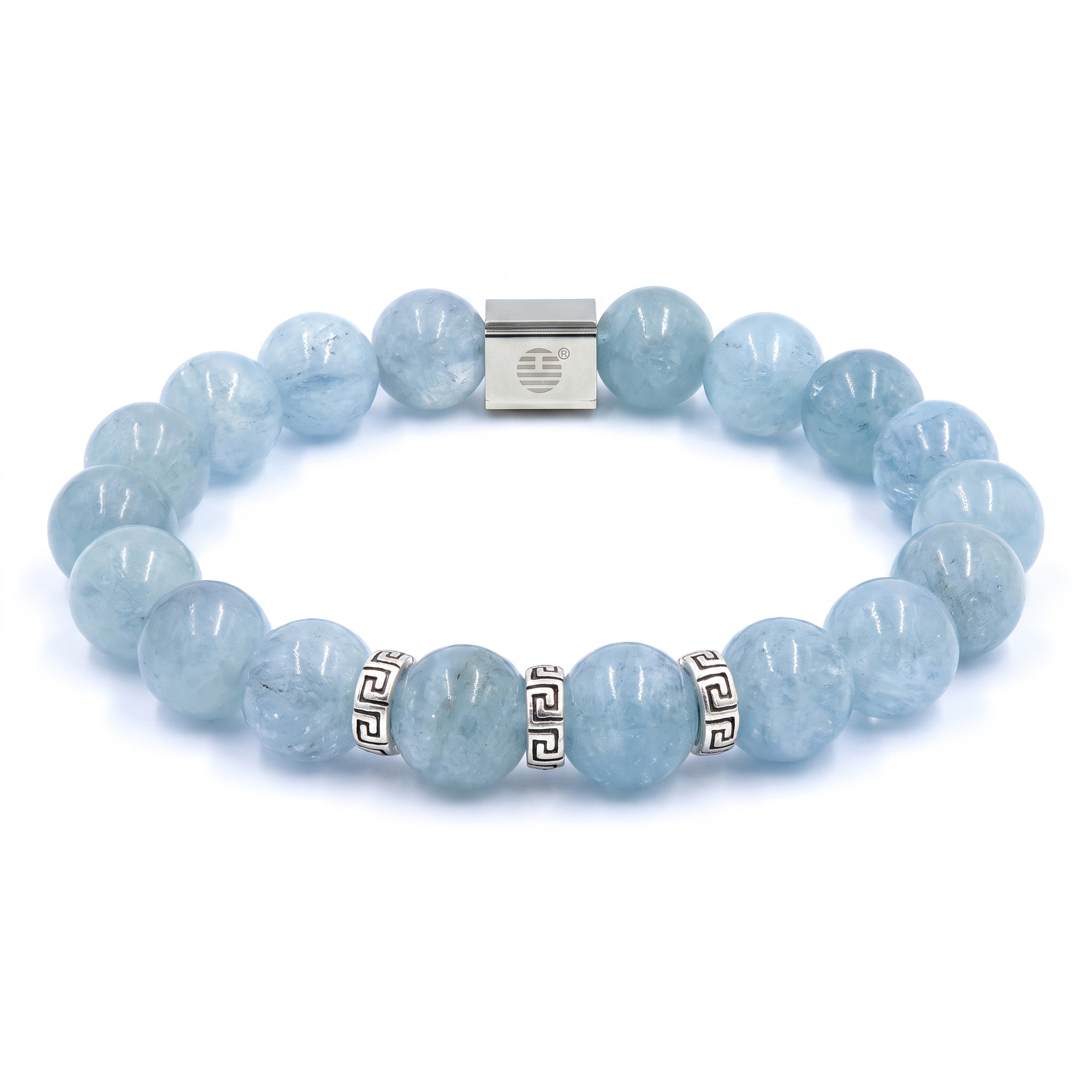 A beaded stretch bracelet made of light blue round gemstone beads, featuring a silver-toned rectangular clasp and two silver accent beads with a Greek key pattern, shown on a plain white background.