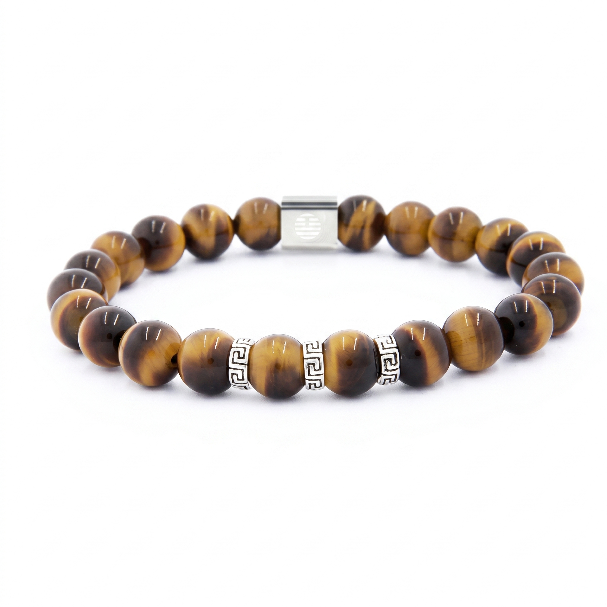A beaded bracelet made of round brown and black tiger's eye beads, accented by two silver Greek key beads and a silver clasp, shown on a plain white background.
