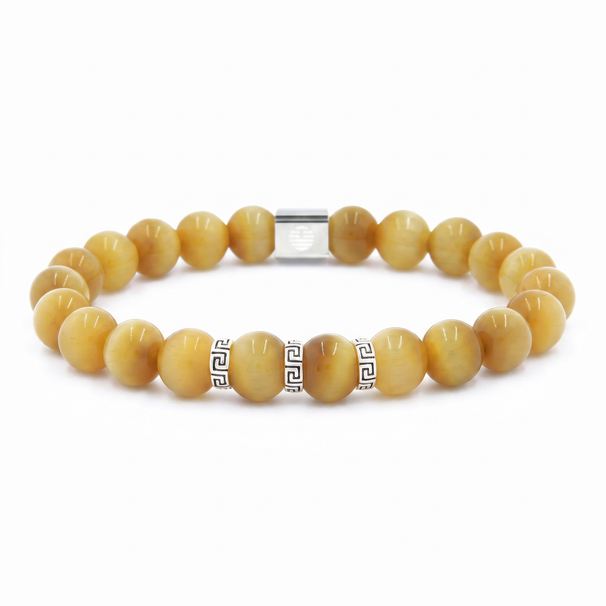A beaded bracelet made of round, polished light brown beads with a silver-toned metal clasp and two decorative silver spacer beads featuring a black Greek key pattern, shown on a plain white background.