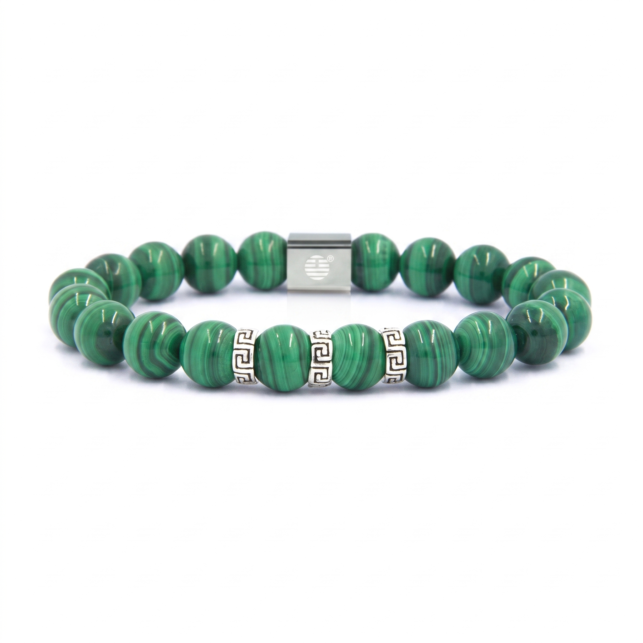 A green malachite bead bracelet with silver-tone accents, including a central square spacer and two cylindrical Greek key spacer beads, shown on a plain white background.