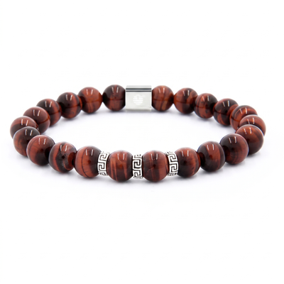 A beaded bracelet made of round brown tiger's eye beads with a silver-toned metal clasp and decorative silver accents, shown on a plain white background.