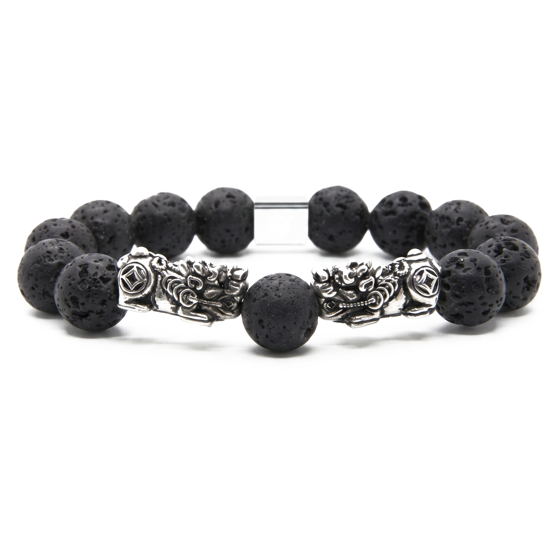 A beaded bracelet featuring matte black porous lava stone beads and two ornate silver-tone metal dragon charms, displayed on a clean white background.