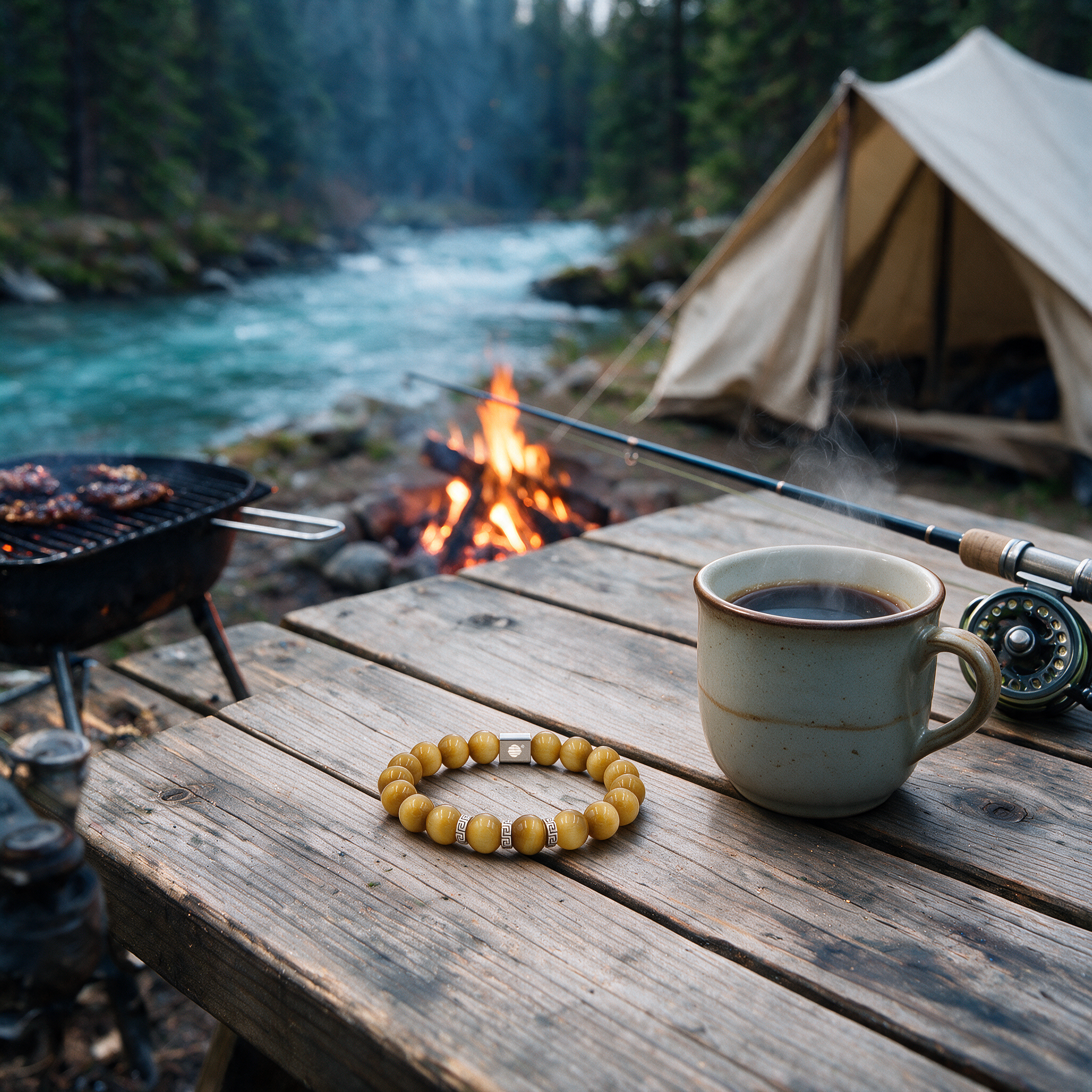 A rustic wooden table at a lakeside campsite with a beige canvas tent, a roaring fire, a black grill, and a ceramic mug. In the foreground, a yellow beaded bracelet with a silver heart charm rests on the table.