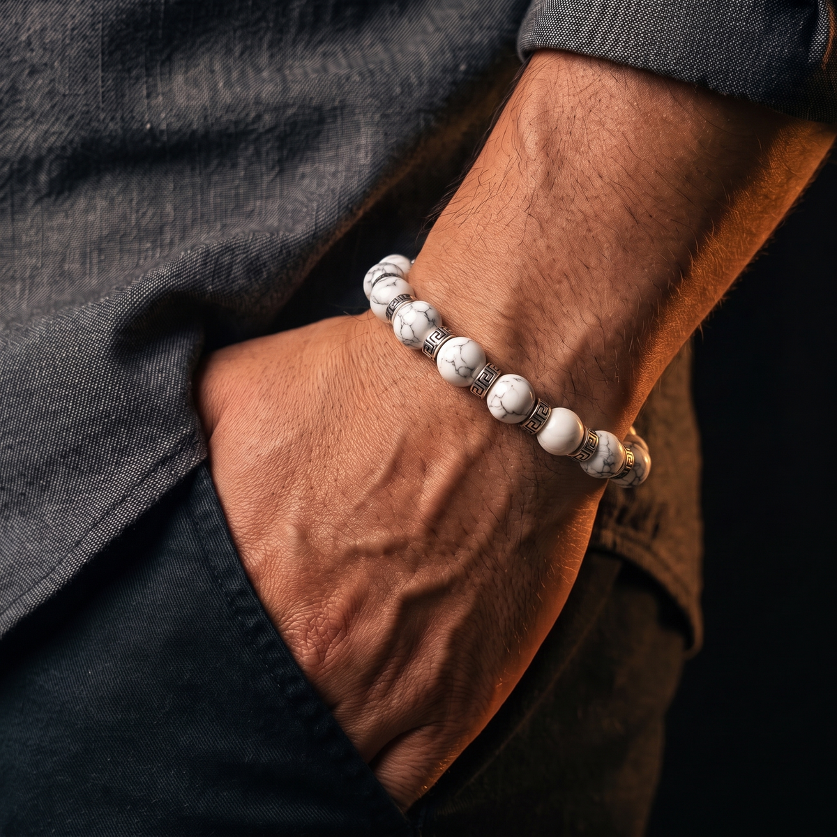 A close-up of a man's forearm and hand with a beaded bracelet on the wrist. The bracelet features white marbled beads with silver spacer rings.