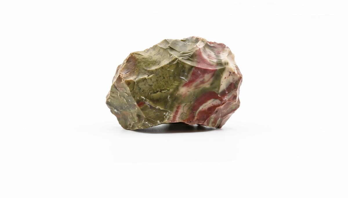 A small natural stone or mineral specimen with a marbled mix of olive green, reddish brown, and cream tones, photographed on a plain white background.
