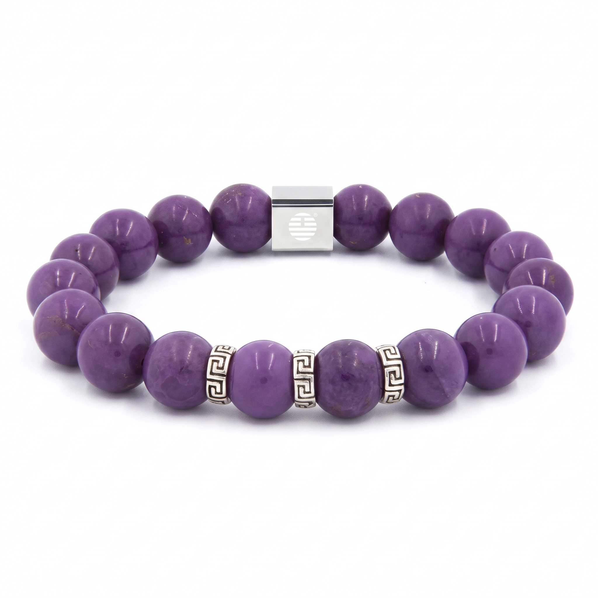 A purple beaded bracelet made of polished round beads, featuring silver-tone metal accents including a square magnetic clasp and two small geometric spacer beads, shown on a plain white background.