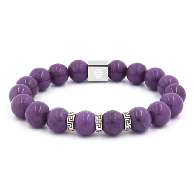 A purple beaded bracelet made of polished round beads, featuring silver-tone metal accents including a square magnetic clasp and two small geometric spacer beads, shown on a plain white background.