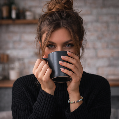 A woman with her hair in a bun holds a matte black ceramic mug to her lips, wearing a black knit sweater and a beaded bracelet, set against a blurred kitchen background.