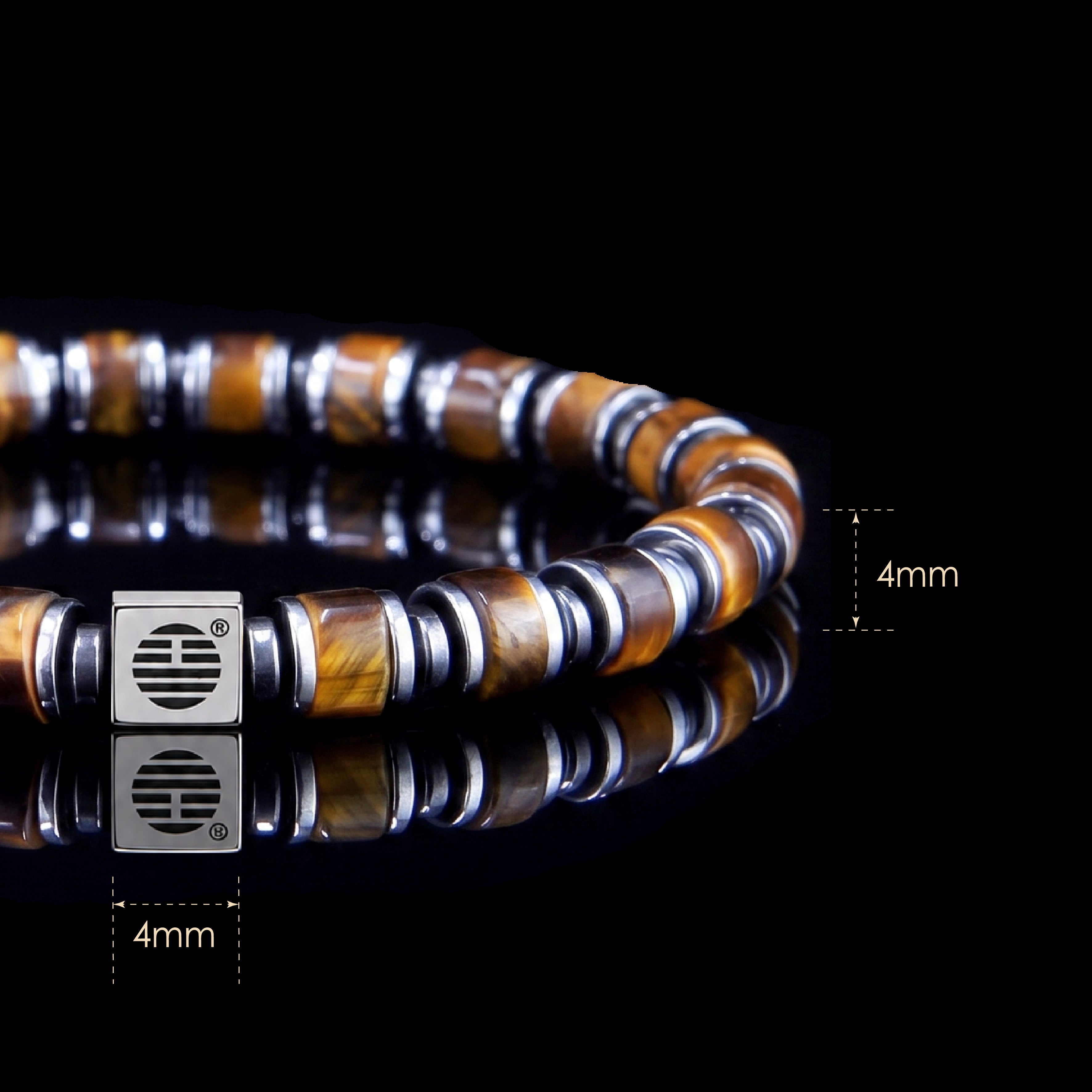A beaded bracelet with alternating brown tiger's eye and silver metallic beads, featuring a square silver clasp with a Yin-Yang symbol. The image includes dimension overlays indicating a 4mm bead width.