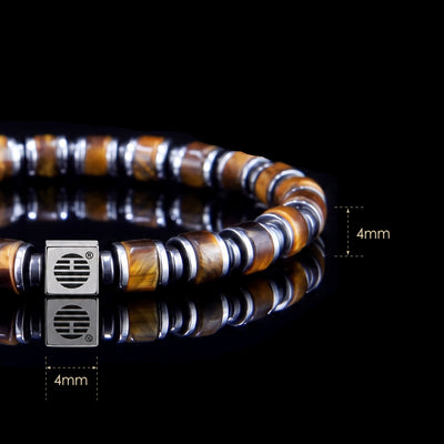 A beaded bracelet with alternating brown tiger's eye and silver metallic beads, featuring a square silver clasp with a Yin-Yang symbol. The image includes dimension overlays indicating a 4mm bead width.