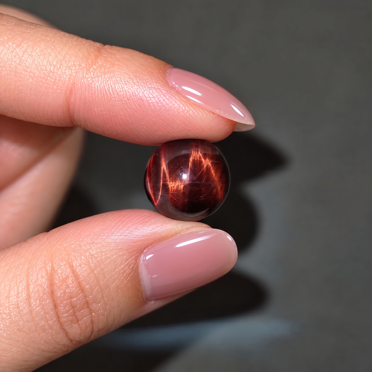 A close-up of a hand with manicured nails holding a small, polished round gemstone that exhibits a starburst effect with golden light rays against a dark gray background.